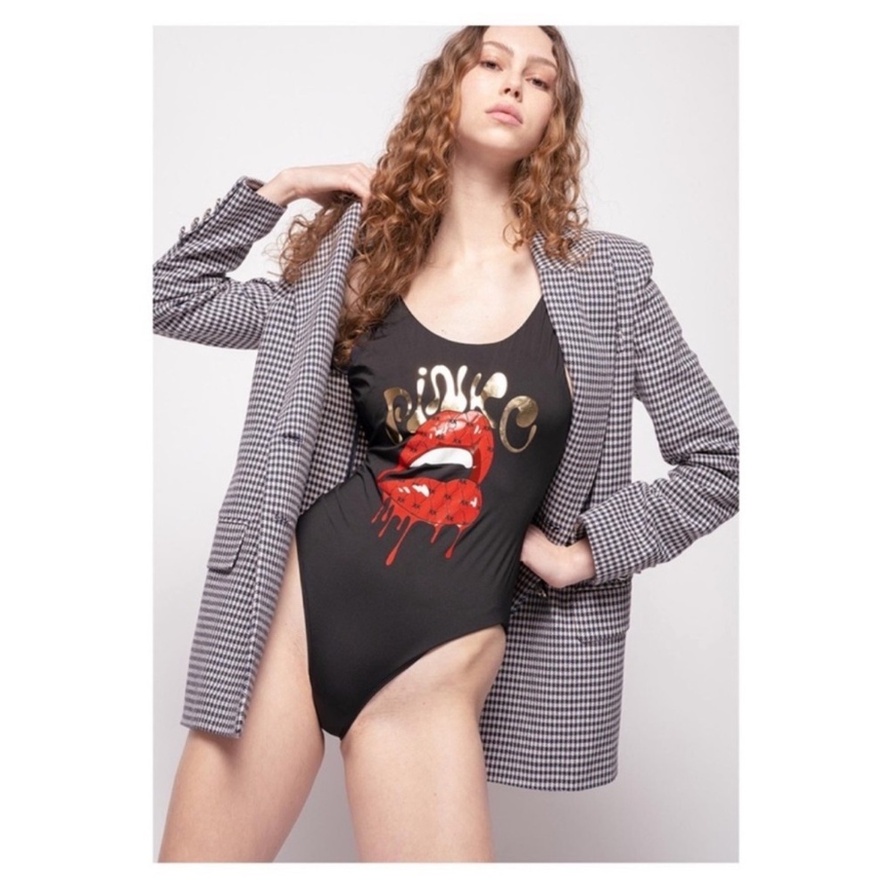 New! PINKO Graphic Lips One-Piece Swimsuit Scoop Back in Black